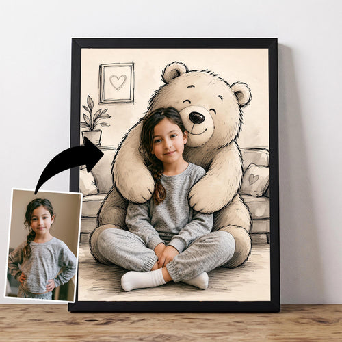 create an image of cartoon bear hugging the people from your photos