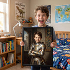 A young boy stands in a child's bedroom holding up a framed custom portrait print. The print shows a portrait of the boy dressed in medieval silver knight armor.